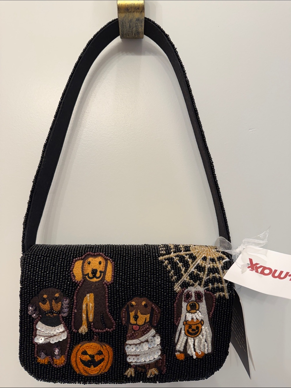 NWT-fresh from the bin Black Beaded Mini Shoulder Bag with Halloween Dog Motif